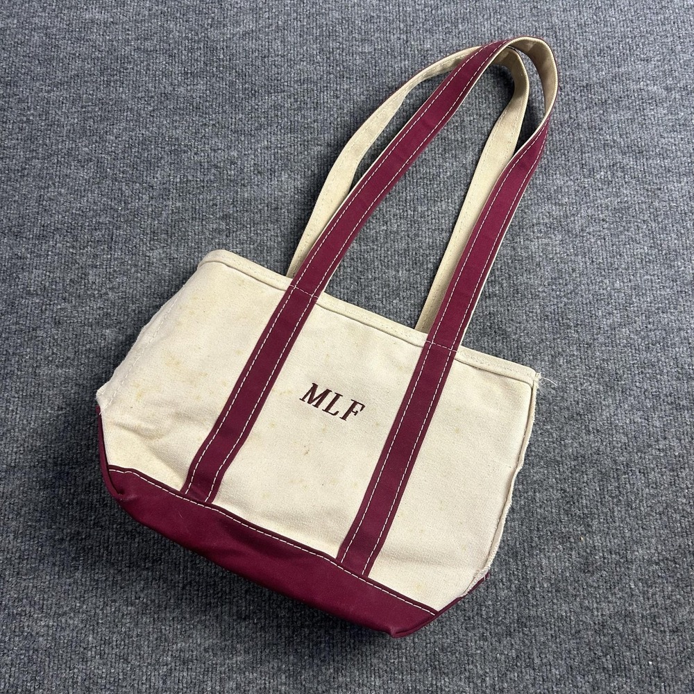 L.L. Bean Boat and Tote Medium Zip Top Canvas Bag Natural Red Monogram MLF